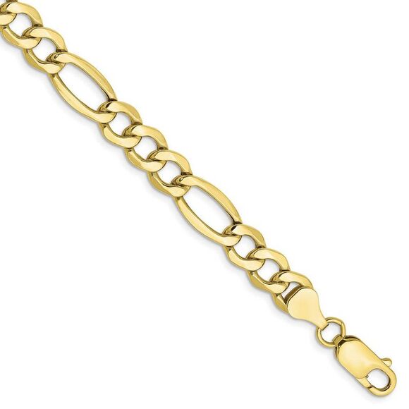 Men's 7.3mm 10k Yellow Gold Hollow Figaro Chain Bracelet 7 Inch
